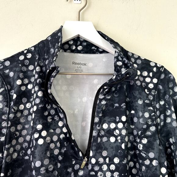 Reebok Athletic Popover Size L Black Polka Dot 1/4 Zip Track Jacket Stretch - Picture 7 of 8